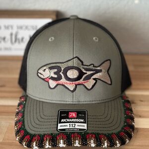 Richardson custom beaded  Olive and Black Trucker Hat with Fish Patch